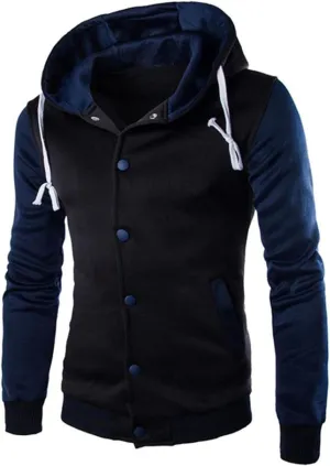 Men's Hooded Varsity Jacket,Slim Button Down Baseball Jacket Outwear Colorblock Casual Sports Drawstring Sweatshirts