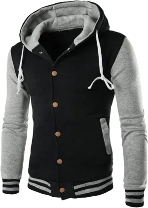 Men's Hooded Varsity Jacket,Slim Button Down Baseball Jacket Outwear Colorblock Casual Sports Drawstring Sweatshirts