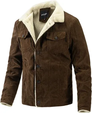 Mens Lapel Sherpa Fleece Lined Denim Trucker Jackets, Vintage Corduroy Thickened Winter Coats