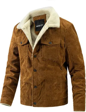 Mens Lapel Sherpa Fleece Lined Denim Trucker Jackets, Vintage Corduroy Thickened Winter Coats