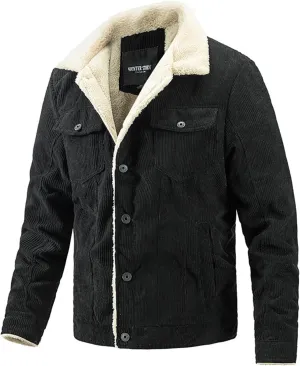 Mens Lapel Sherpa Fleece Lined Denim Trucker Jackets, Vintage Corduroy Thickened Winter Coats