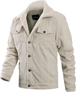 Mens Lapel Sherpa Fleece Lined Denim Trucker Jackets, Vintage Corduroy Thickened Winter Coats