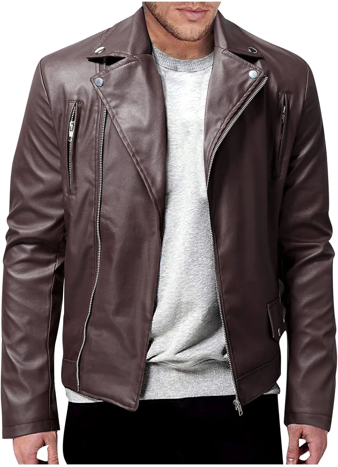 Mens Leather Jacket Black Bomber Jackets Motorcycle Faux Leather Outwear Lightweight Slim Fit Cool Biker Coat