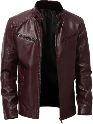 Men's Leather Jacket Stand Collar Faux Biker Vintage Motorcycle Outwear Long Sleeve Waterproof Distressed Zip Jackets