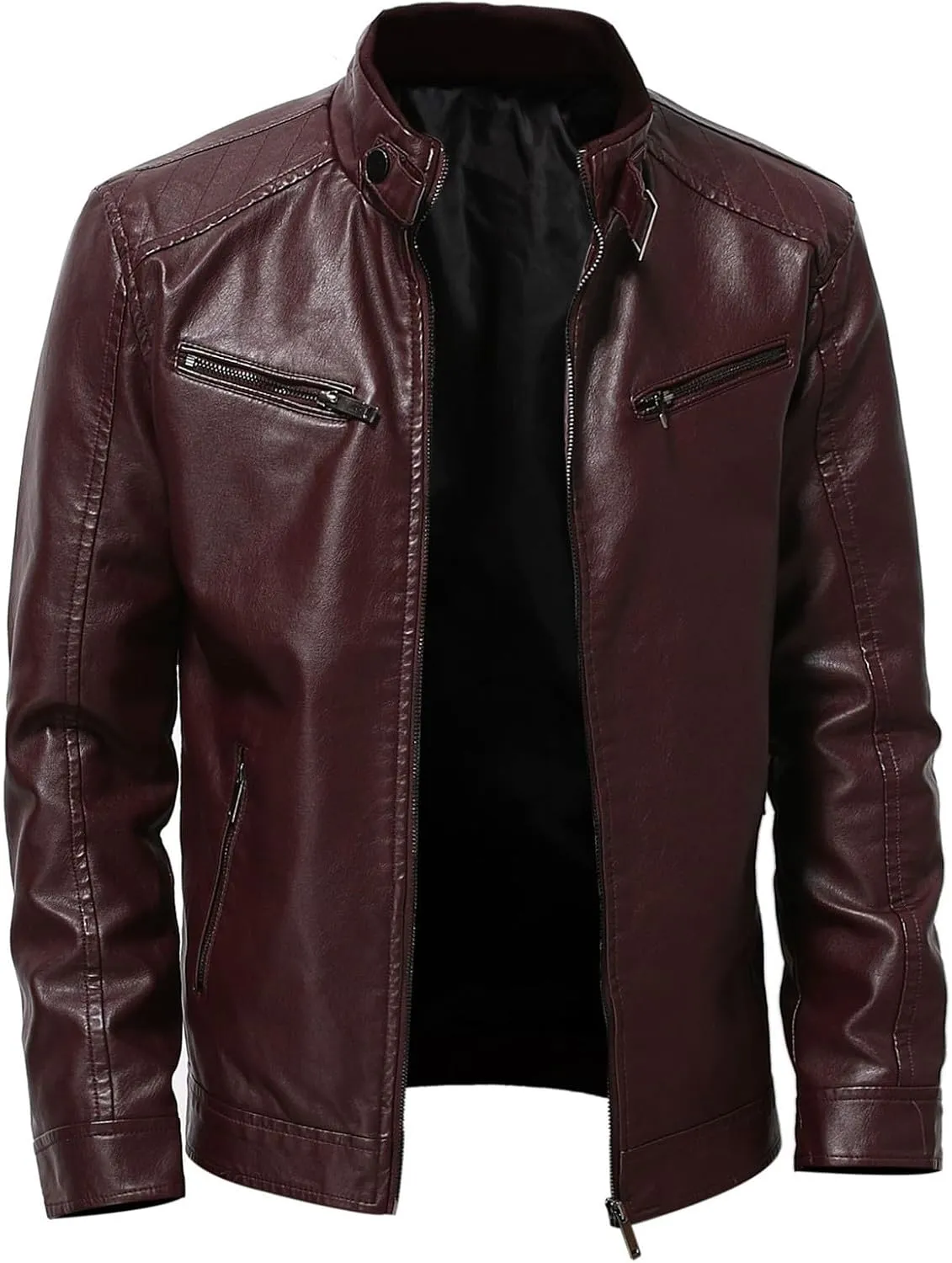 Men's Leather Jacket Stand Collar Faux Biker Vintage Motorcycle Outwear Long Sleeve Waterproof Distressed Zip Jackets