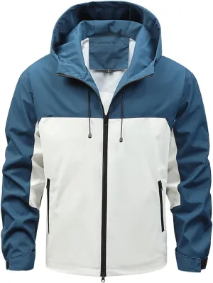 Men's Lightweight Hooded Jackets Vintage Patchwork Zip Up Windbreaker Waterproof Raincoat for Outdoor Hiking Cycling