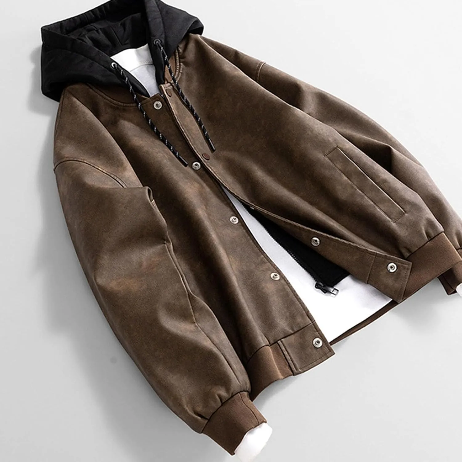 Mens Lightweight PU Leather Hooded Jacket Causal Button Down Biker Jacket Motorcycle Outerwear Coat Fashion Clothes