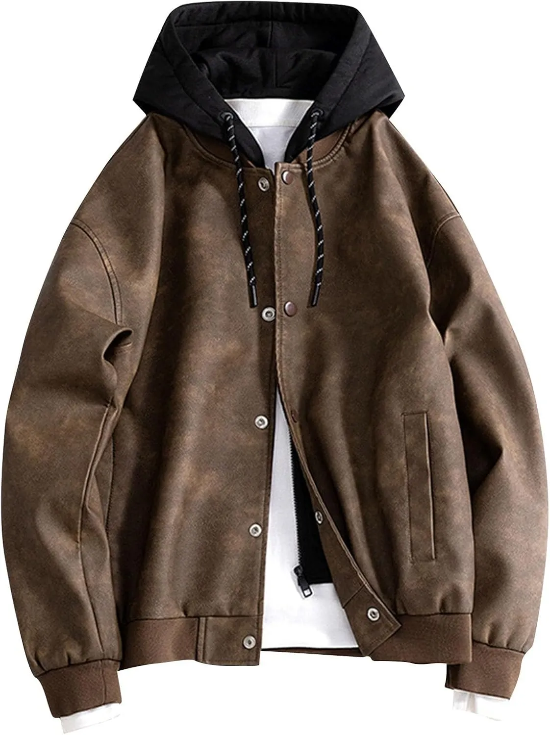 Mens Lightweight PU Leather Hooded Jacket Causal Button Down Biker Jacket Motorcycle Outerwear Coat Fashion Clothes