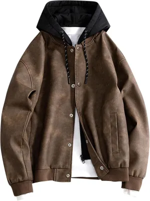 Mens Lightweight PU Leather Hooded Jacket Causal Button Down Biker Jacket Motorcycle Outerwear Coat Fashion Clothes
