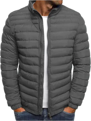 Mens Lightweight Quilted Jacket Solid Winter Coat Full Zip Stand Collar Zipper Down Jackets Windproof Puffer Jacket