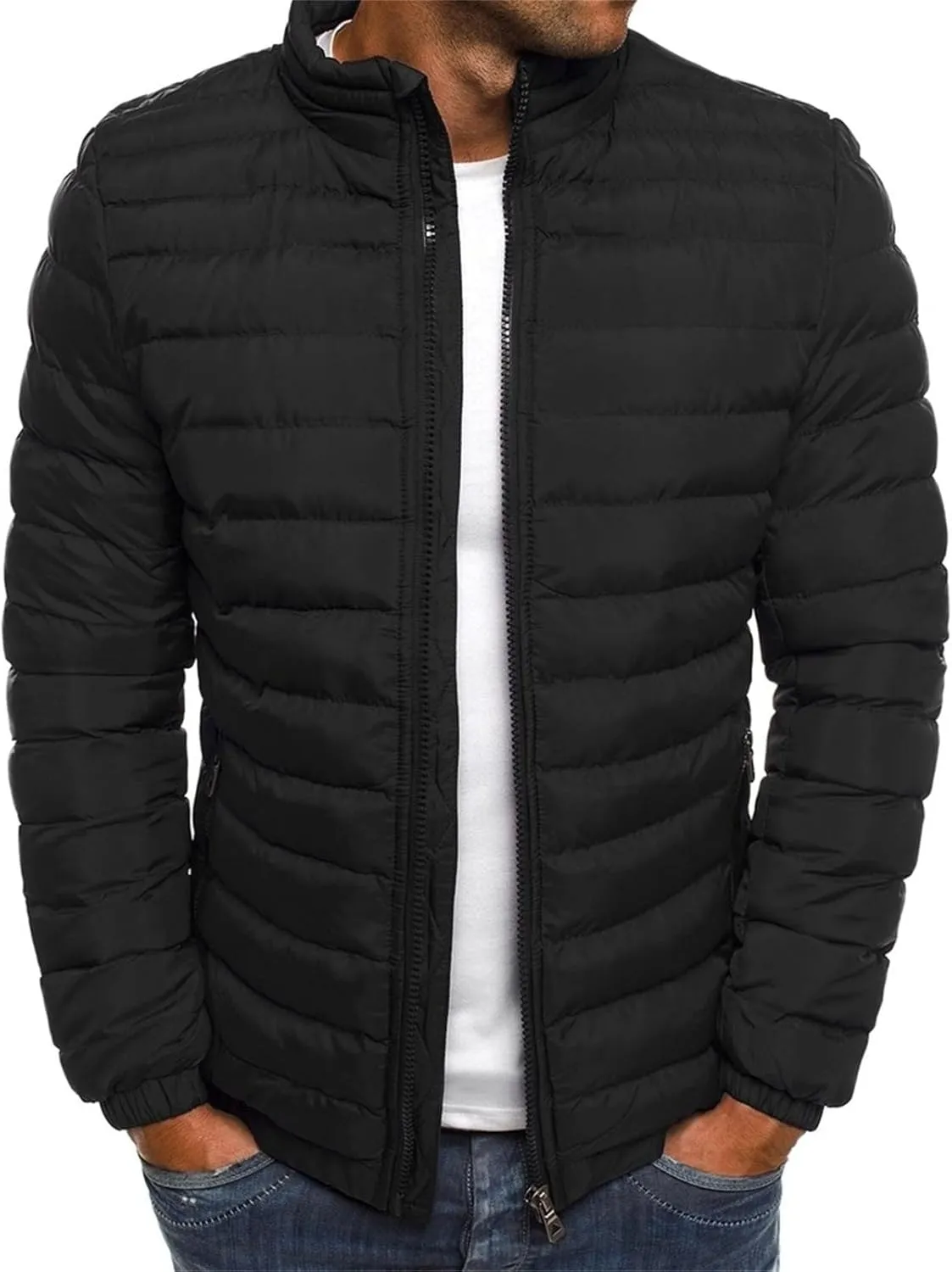 Mens Lightweight Quilted Jacket Solid Winter Coat Full Zip Stand Collar Zipper Down Jackets Windproof Puffer Jacket