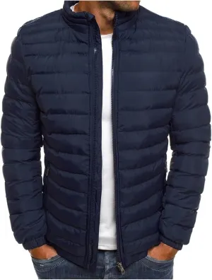 Mens Lightweight Quilted Jacket Solid Winter Coat Full Zip Stand Collar Zipper Down Jackets Windproof Puffer Jacket