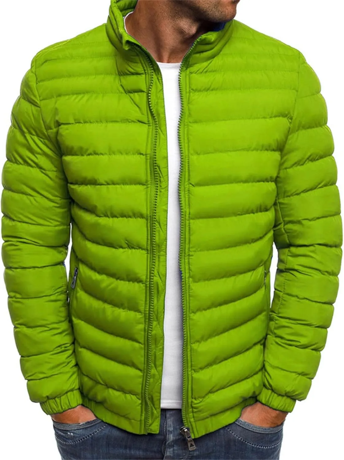 Mens Lightweight Quilted Jacket Solid Winter Coat Full Zip Stand Collar Zipper Down Jackets Windproof Puffer Jacket