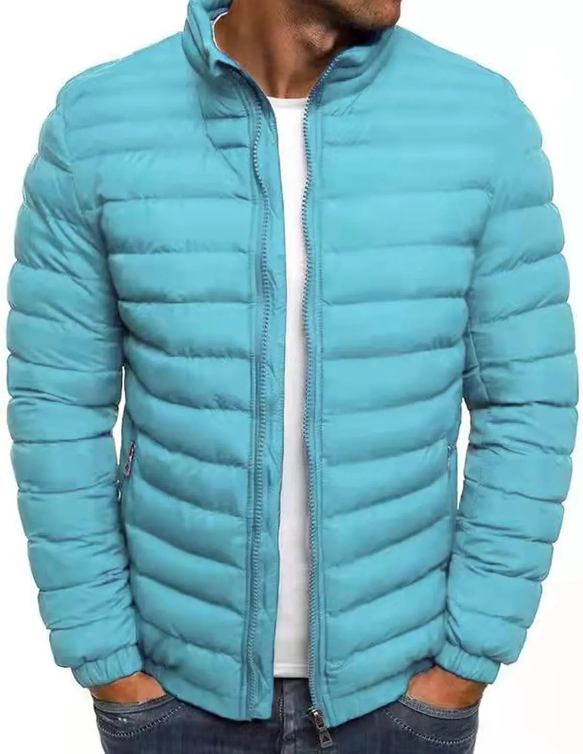 Mens Lightweight Quilted Jacket Solid Winter Coat Full Zip Stand Collar Zipper Down Jackets Windproof Puffer Jacket