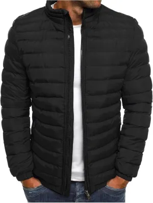 Mens Lightweight Quilted Jacket Solid Winter Coat Full Zip Stand Collar Zipper Down Jackets Windproof Puffer Jacket