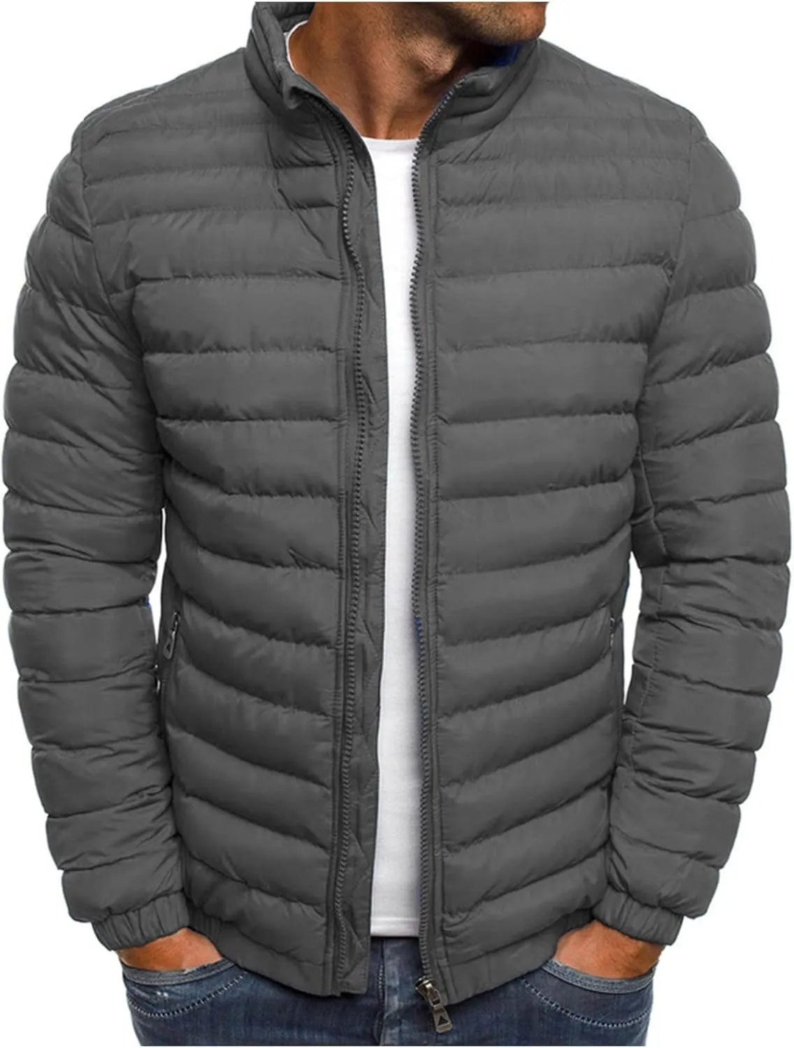 Mens Lightweight Quilted Jacket Solid Winter Coat Full Zip Stand Collar Zipper Down Jackets Windproof Puffer Jacket