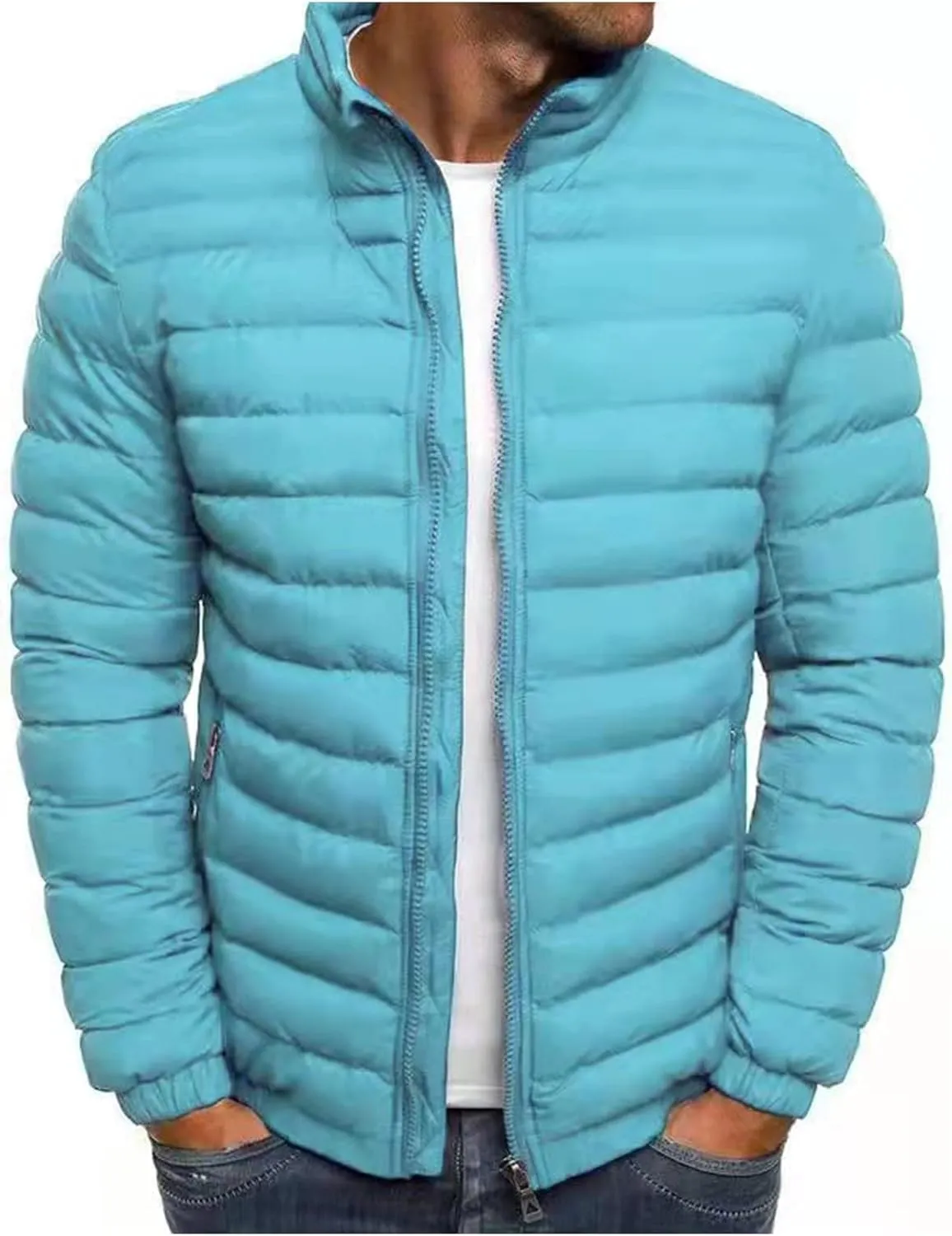 Mens Lightweight Quilted Jacket Solid Winter Coat Full Zip Stand Collar Zipper Down Jackets Windproof Puffer Jacket