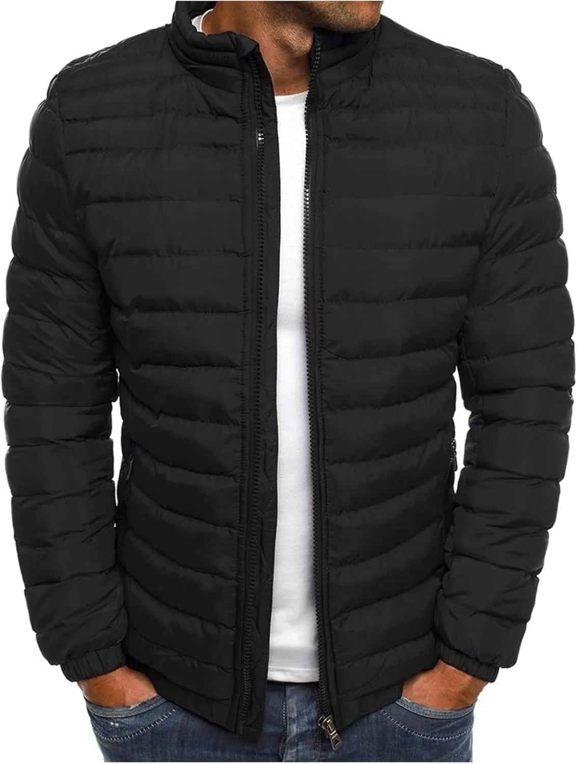 Mens Lightweight Quilted Jacket Solid Winter Coat Full Zip Stand Collar Zipper Down Jackets Windproof Puffer Jacket