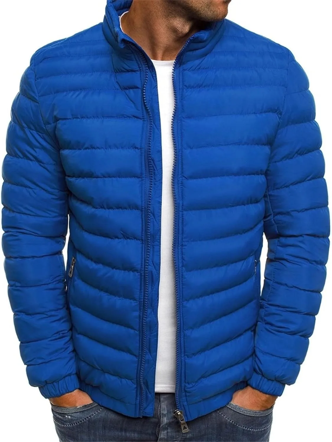Mens Lightweight Quilted Jacket Solid Winter Coat Full Zip Stand Collar Zipper Down Jackets Windproof Puffer Jacket