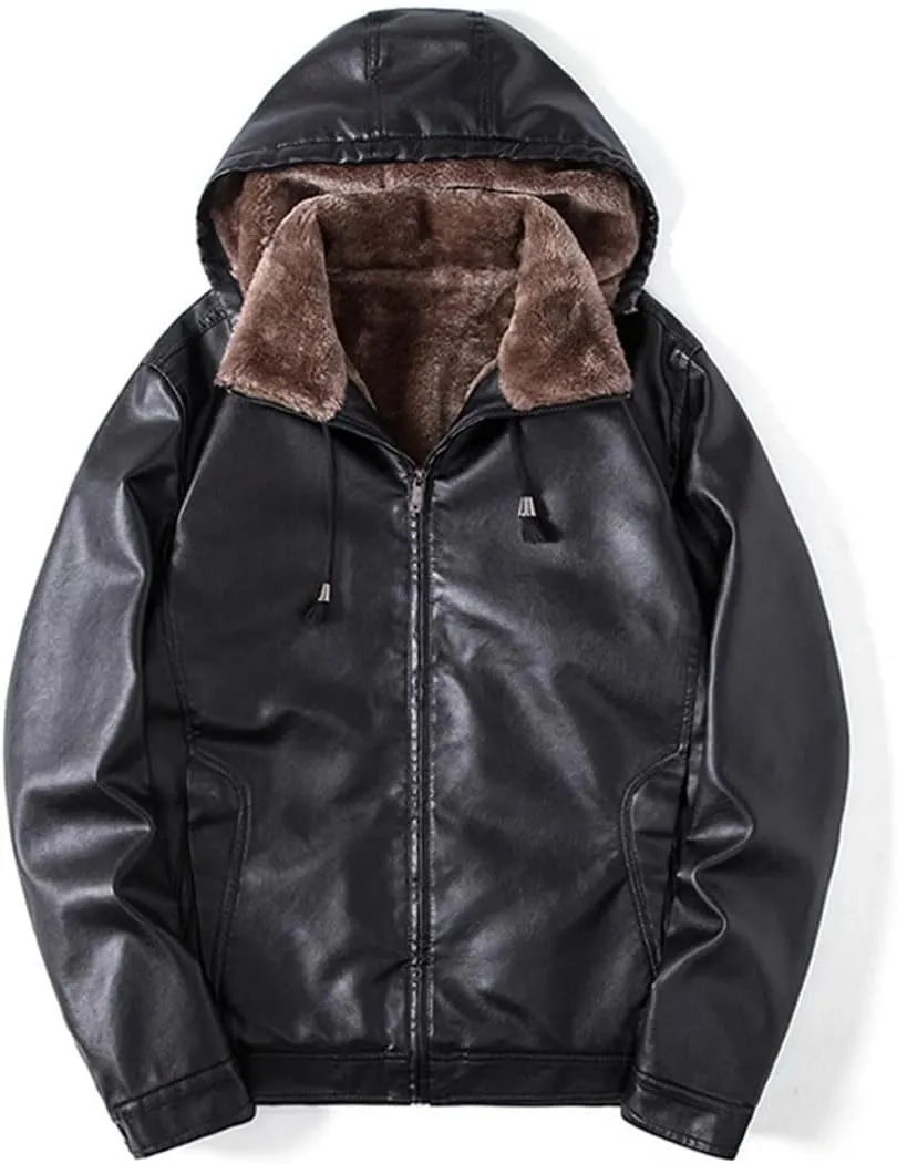 Men's PU Jacket Winter Warm Motorcycle Leather Coats Fleece Hooded Leather Jackets