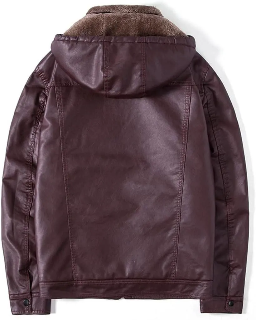 Men's PU Jacket Winter Warm Motorcycle Leather Coats Fleece Hooded Leather Jackets
