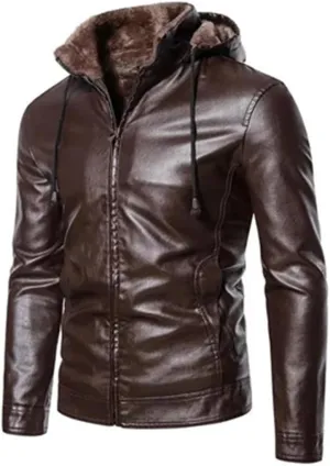 Men's PU Jacket Winter Warm Motorcycle Leather Coats Fleece Hooded Leather Jackets