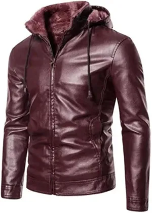 Men's PU Jacket Winter Warm Motorcycle Leather Coats Fleece Hooded Leather Jackets