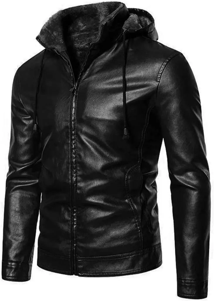 Men's PU Jacket Winter Warm Motorcycle Leather Coats Fleece Hooded Leather Jackets