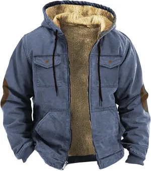 Mens Retro Fleece Lined Hooded Jackets Sherpa Thicken Winter Hoodies Full Zip Long Sleeve Soft Warm Coat with Pockets
