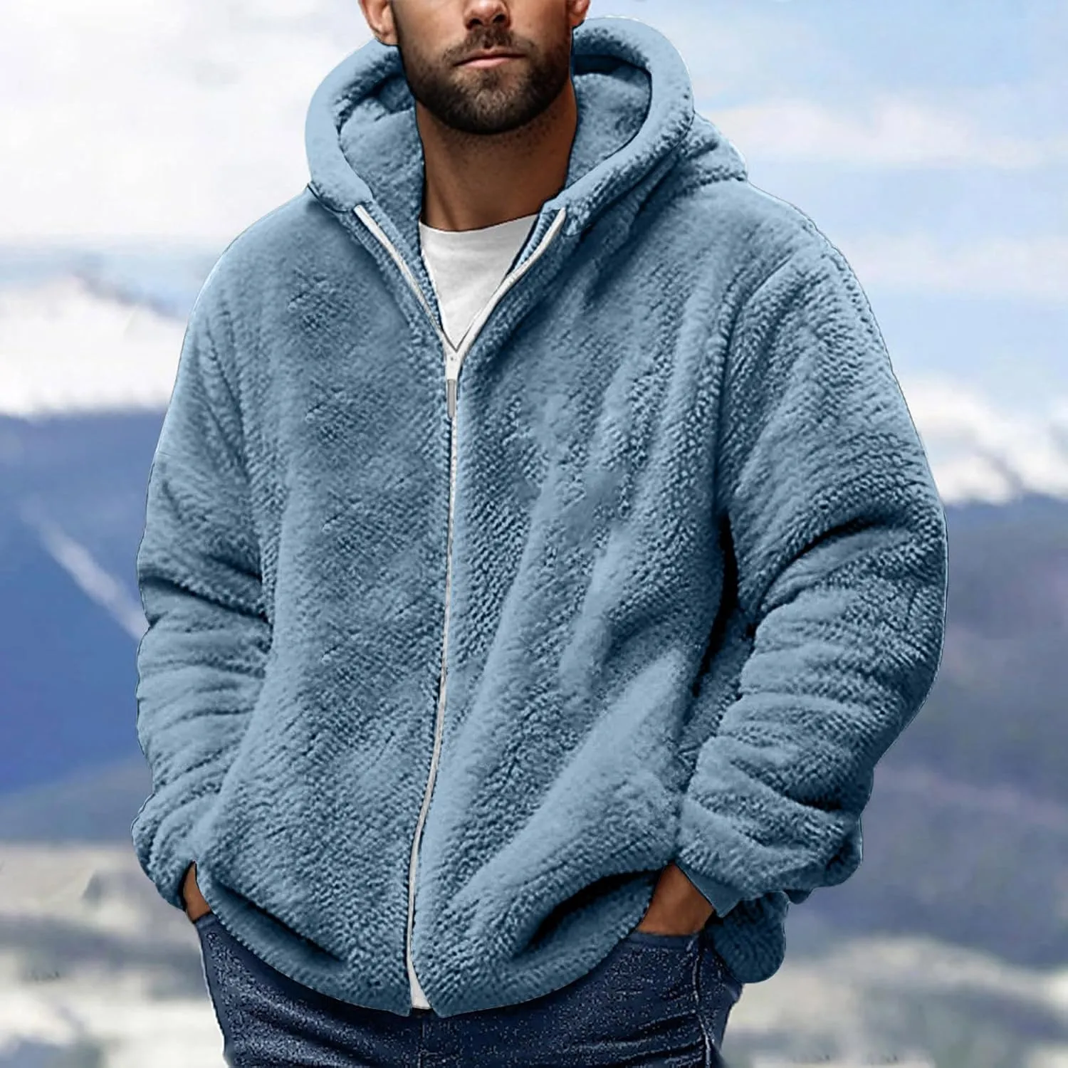 Mens Sherpa Fleece Hoodie Full Zip Fuzzy Jackets Winter Warm Soft Fluffy Faux Fur Coat Casual Baggy Hooded Jackets