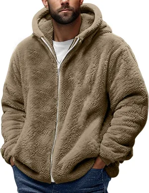 Mens Sherpa Fleece Hoodie Full Zip Fuzzy Jackets Winter Warm Soft Fluffy Faux Fur Coat Casual Baggy Hooded Jackets