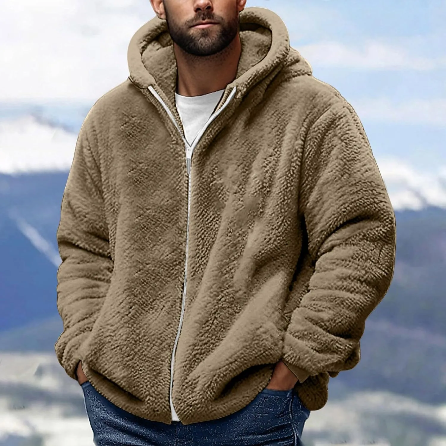 Mens Sherpa Fleece Hoodie Full Zip Fuzzy Jackets Winter Warm Soft Fluffy Faux Fur Coat Casual Baggy Hooded Jackets
