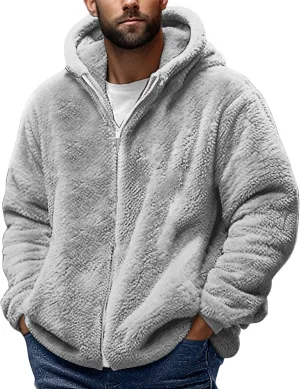 Mens Sherpa Fleece Hoodie Full Zip Fuzzy Jackets Winter Warm Soft Fluffy Faux Fur Coat Casual Baggy Hooded Jackets