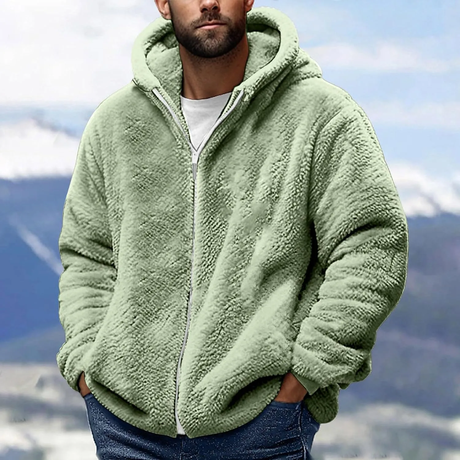 Mens Sherpa Fleece Hoodie Full Zip Fuzzy Jackets Winter Warm Soft Fluffy Faux Fur Coat Casual Baggy Hooded Jackets