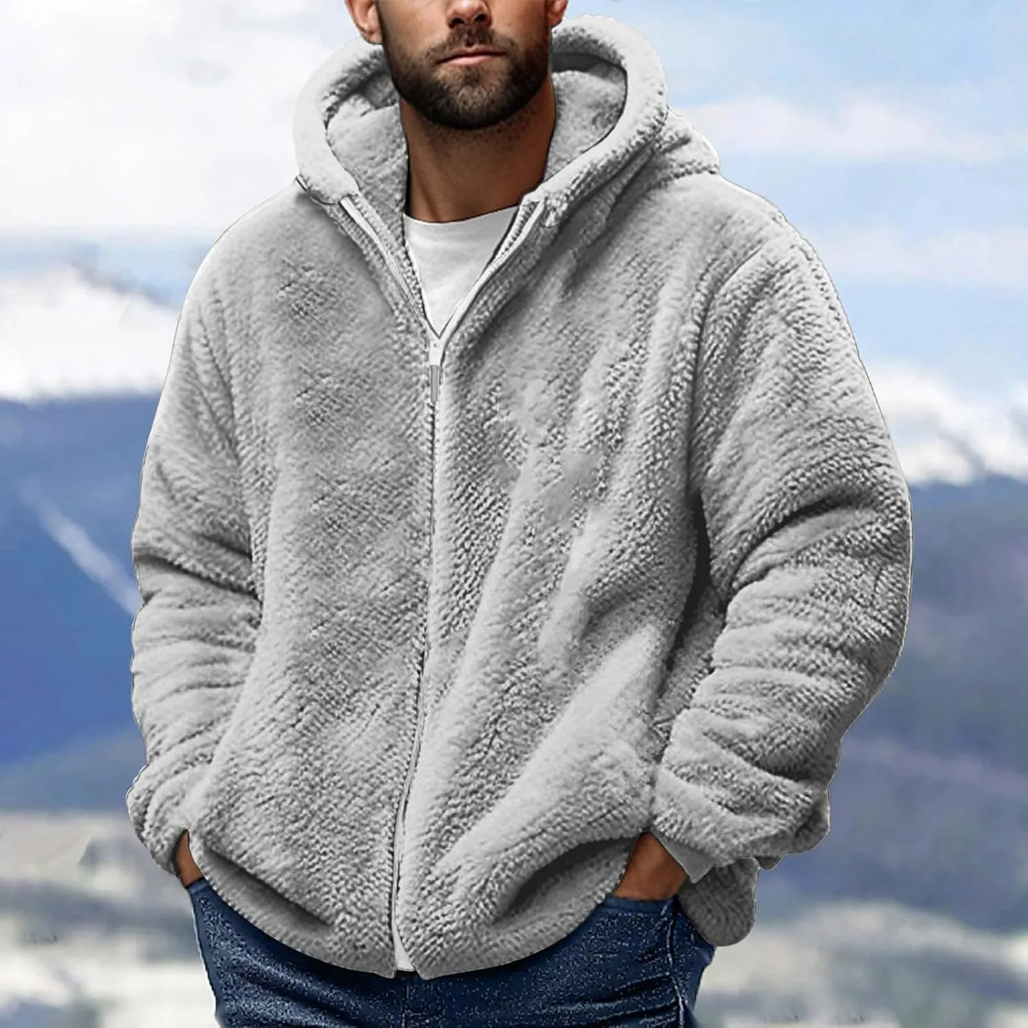 Mens Sherpa Fleece Hoodie Full Zip Fuzzy Jackets Winter Warm Soft Fluffy Faux Fur Coat Casual Baggy Hooded Jackets