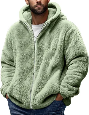 Mens Sherpa Fleece Hoodie Full Zip Fuzzy Jackets Winter Warm Soft Fluffy Faux Fur Coat Casual Baggy Hooded Jackets