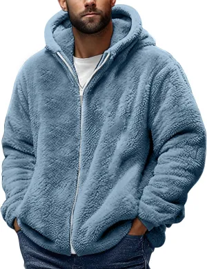 Mens Sherpa Fleece Hoodie Full Zip Fuzzy Jackets Winter Warm Soft Fluffy Faux Fur Coat Casual Baggy Hooded Jackets