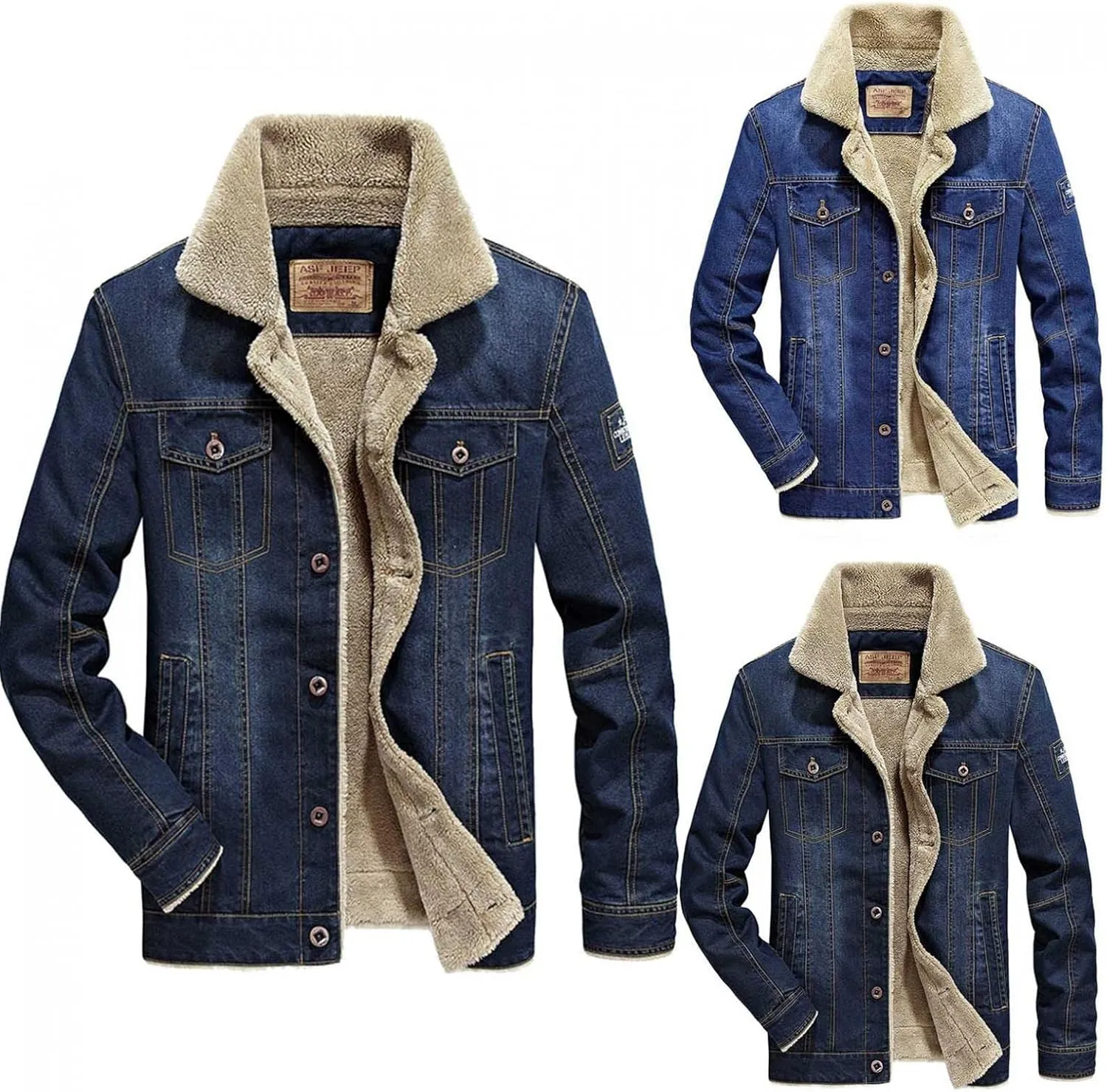 Mens Sherpa Fleece Lined Denim Trucker Jackets Cotton Military Cargo Coats Winter Lapel Slim Cowboy Jean Jackets L-4XL