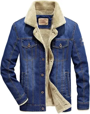 Mens Sherpa Fleece Lined Denim Trucker Jackets Cotton Military Cargo Coats Winter Lapel Slim Cowboy Jean Jackets L-4XL
