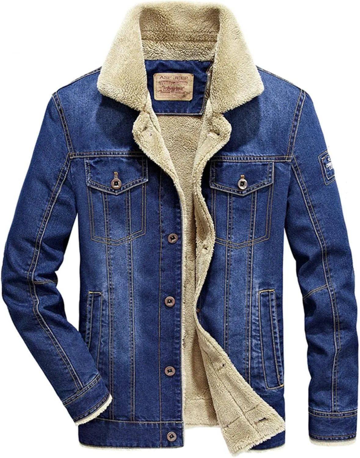 Mens Sherpa Fleece Lined Denim Trucker Jackets Cotton Military Cargo Coats Winter Lapel Slim Cowboy Jean Jackets L-4XL