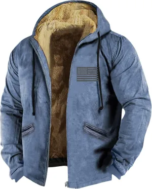 Men's Winter Jacket Fleece Sherpa Lined Sweatshirt Tops Printed Hoodies Hooded Outerwear Zipper Work Cargo Coats