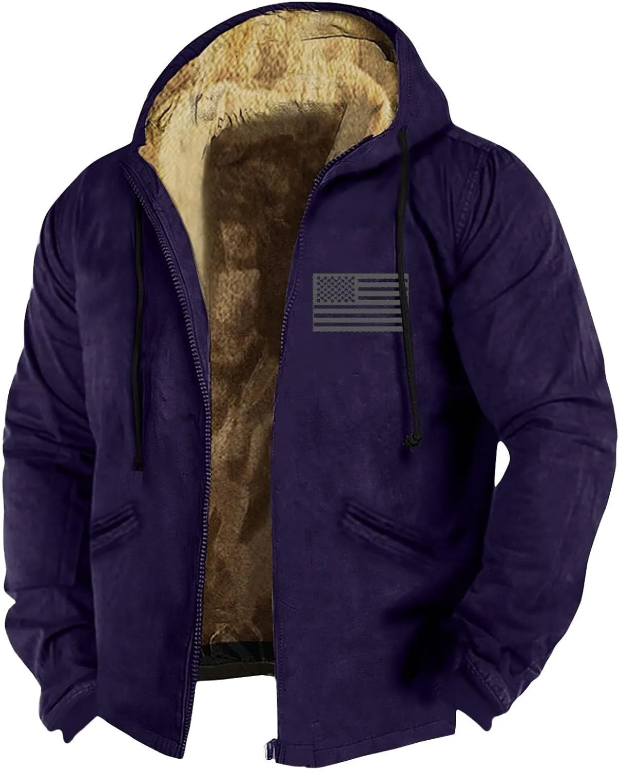 Men's Winter Jacket Fleece Sherpa Lined Sweatshirt Tops Printed Hoodies Hooded Outerwear Zipper Work Cargo Coats