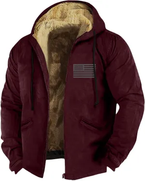 Men's Winter Jacket Fleece Sherpa Lined Sweatshirt Tops Printed Hoodies Hooded Outerwear Zipper Work Cargo Coats