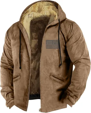 Men's Winter Jacket Fleece Sherpa Lined Sweatshirt Tops Printed Hoodies Hooded Outerwear Zipper Work Cargo Coats