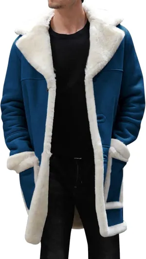 Mens Winter Suede Sherpa Lined Coat Fleece Sheepskin Jacket Pea Coat Faux Fur Collar Shearling Jacket Leather Coat