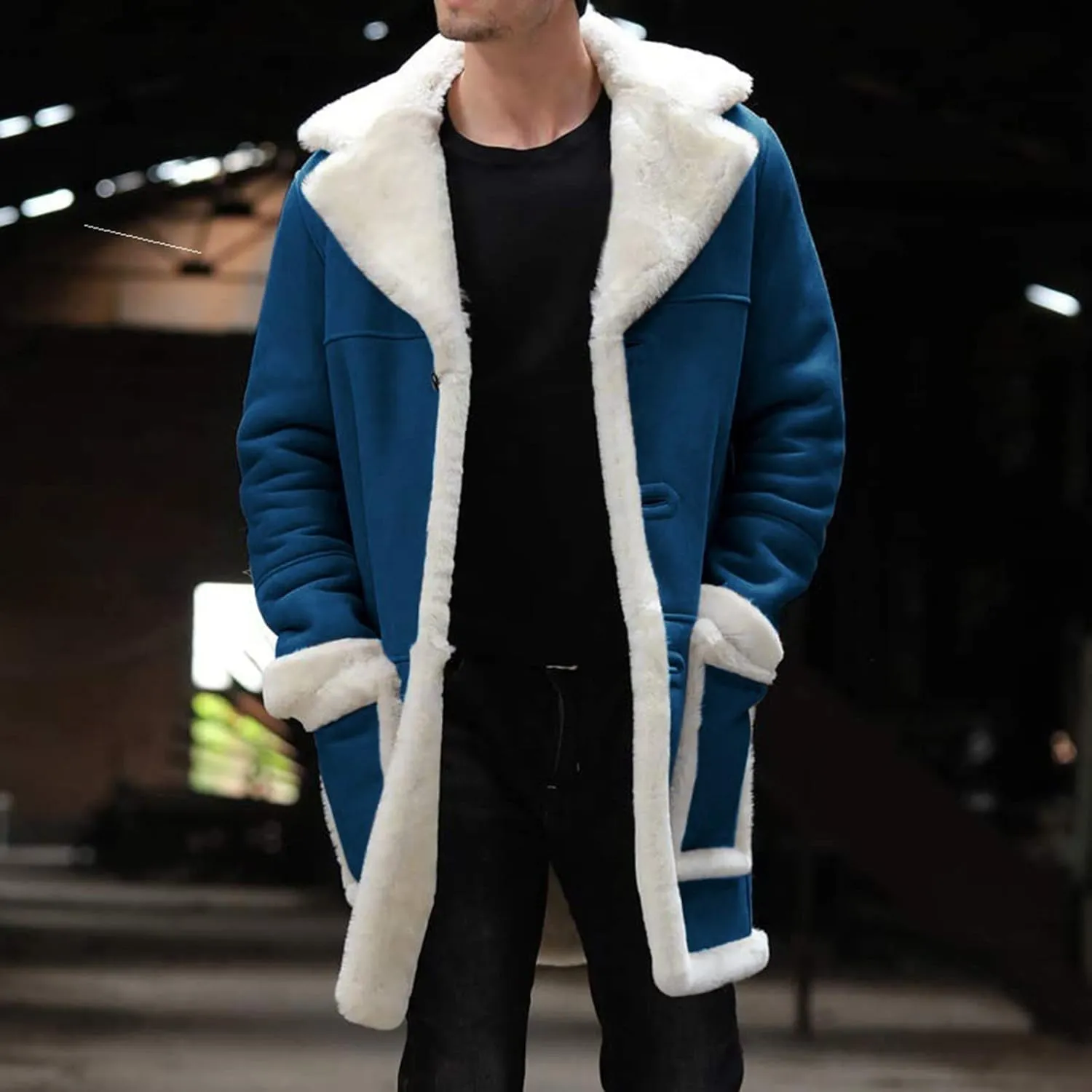 Mens Winter Suede Sherpa Lined Coat Fleece Sheepskin Jacket Pea Coat Faux Fur Collar Shearling Jacket Leather Coat