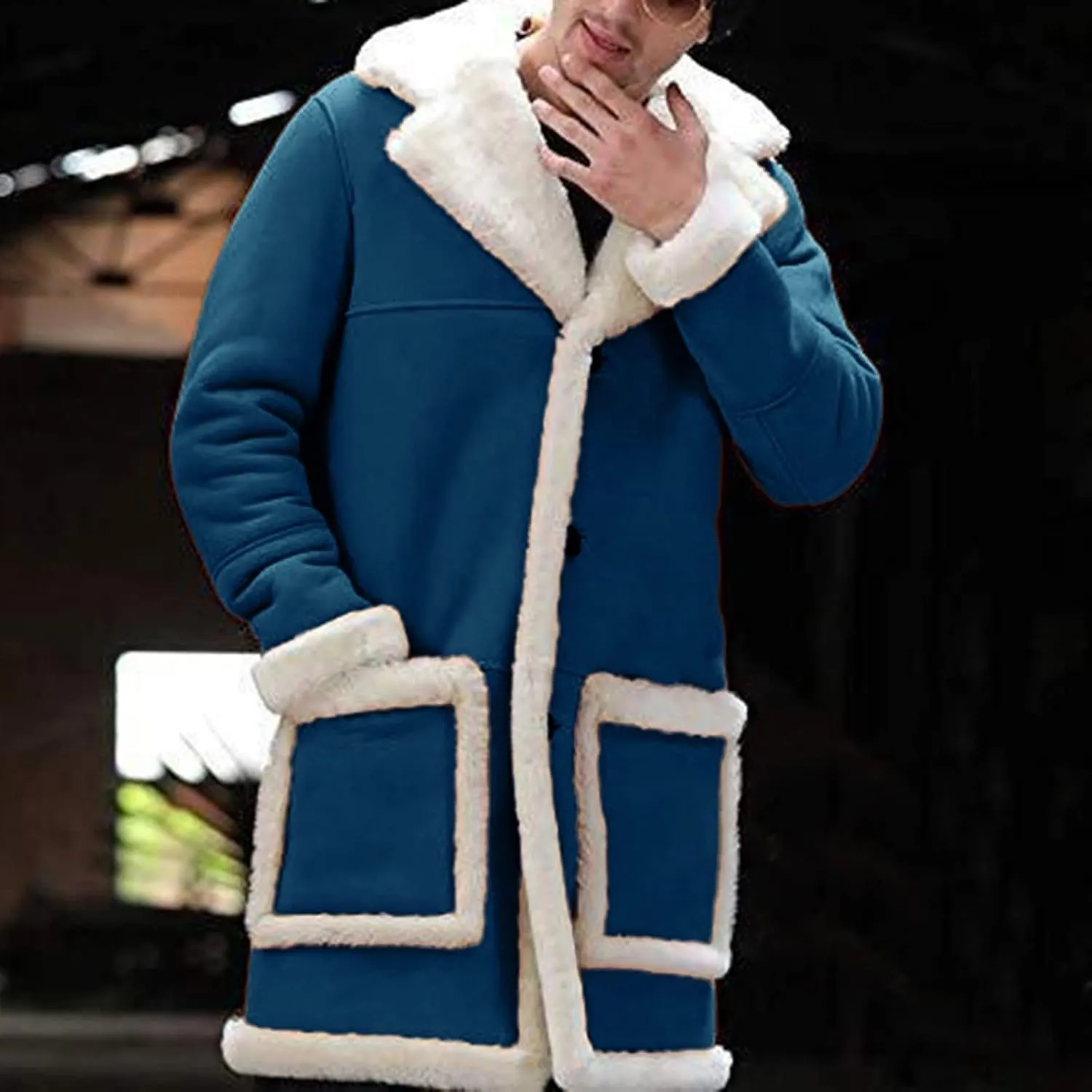 Mens Winter Suede Sherpa Lined Coat Fleece Sheepskin Jacket Pea Coat Faux Fur Collar Shearling Jacket Leather Coat