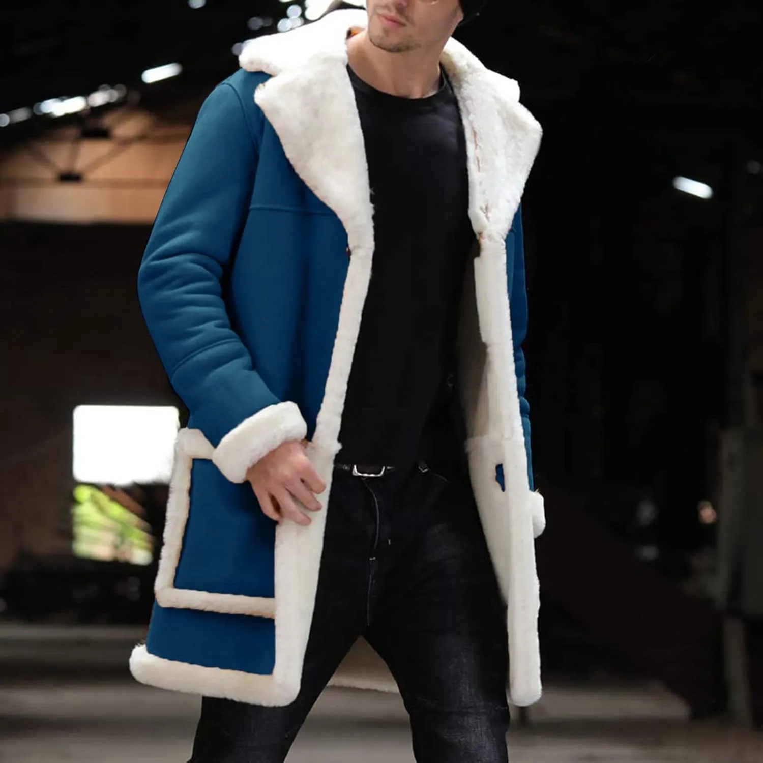 Mens Winter Suede Sherpa Lined Coat Fleece Sheepskin Jacket Pea Coat Faux Fur Collar Shearling Jacket Leather Coat
