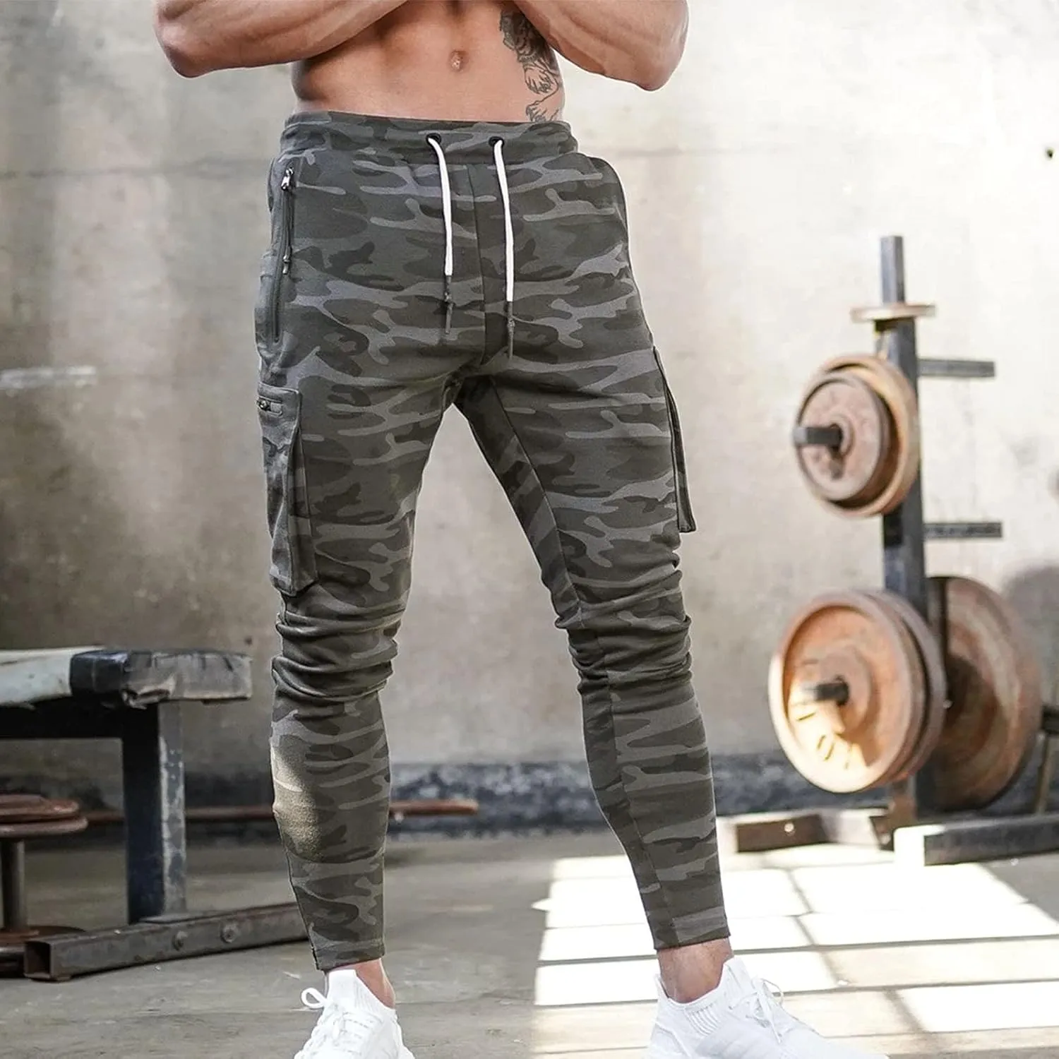 Mens Workout Cargo Sweatpants Trousers Work Wear Combat Fitness Drawstring Pockets Rope Loose Sweatpant 2023 Outdoor