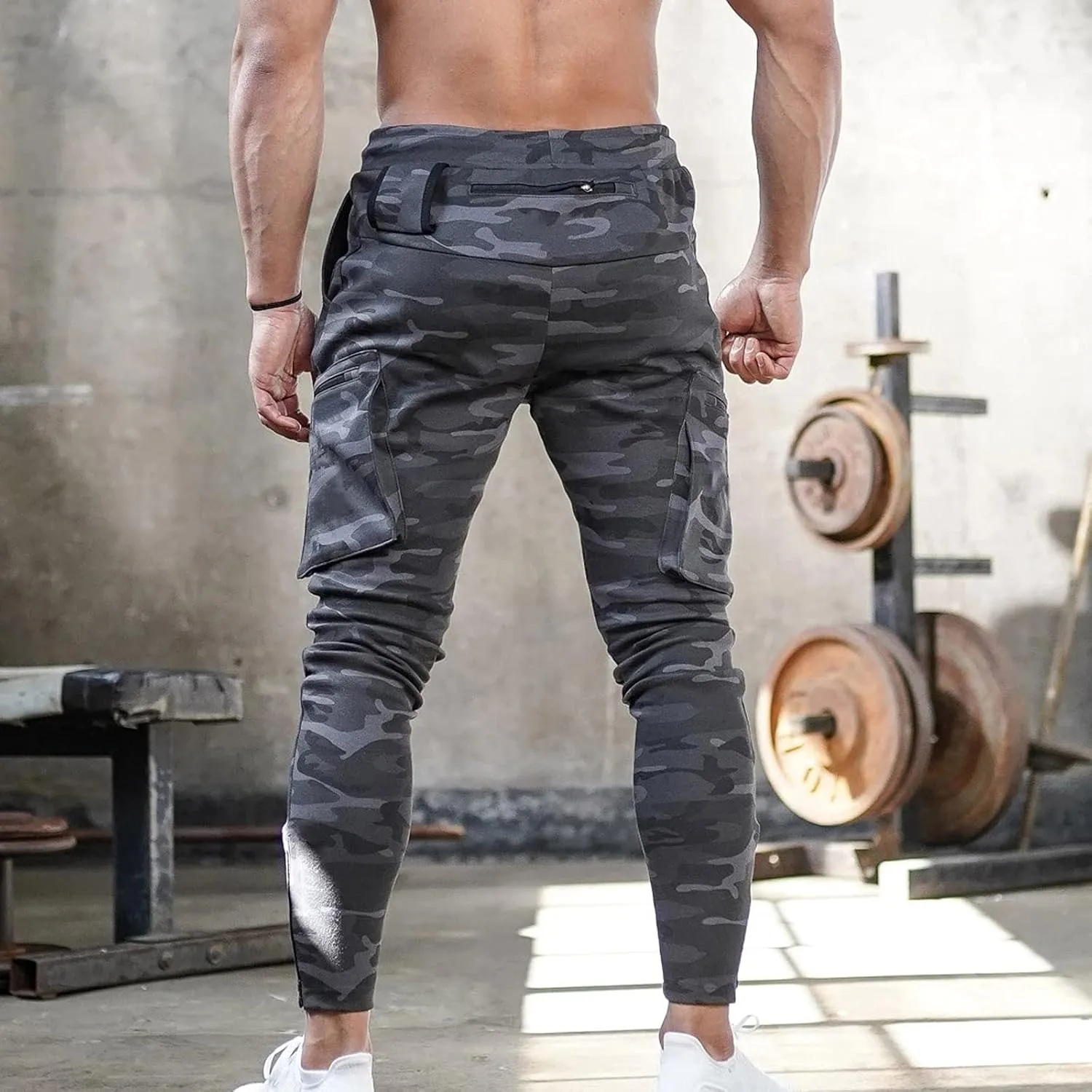 Mens Workout Cargo Sweatpants Trousers Work Wear Combat Fitness Drawstring Pockets Rope Loose Sweatpant 2023 Outdoor